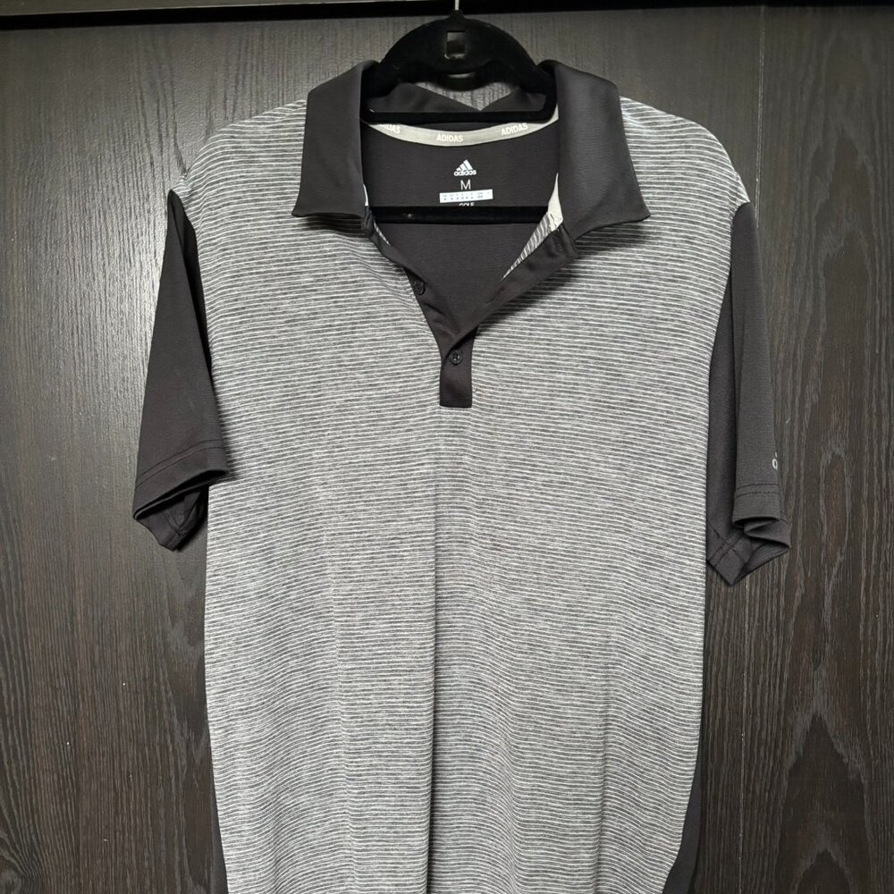 Adidas Golf Polo Shirt Men’s Medium Black Gray Striped Performance Top